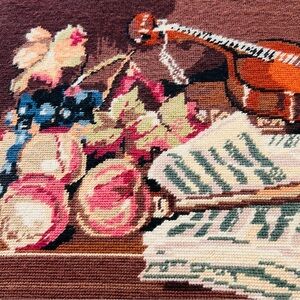 Vintage Belgian Needlepoint Tapestry – Violin, Sheet Music & Fruit 23.5” x 16”.